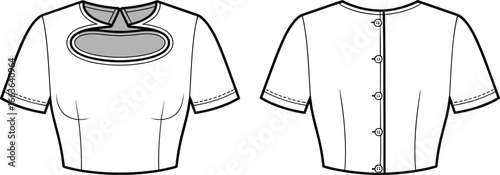 CAD drawing flat vector illustration of trendy crop top, short sleeve blouse, cutout neckline design, button-back closure detail, stylish garment sketch, front and back fashion layout