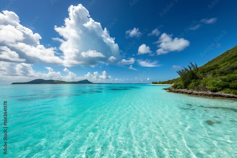 Fototapeta premium Turquoise tropical ocean waters under a bright blue sky with fluffy clouds