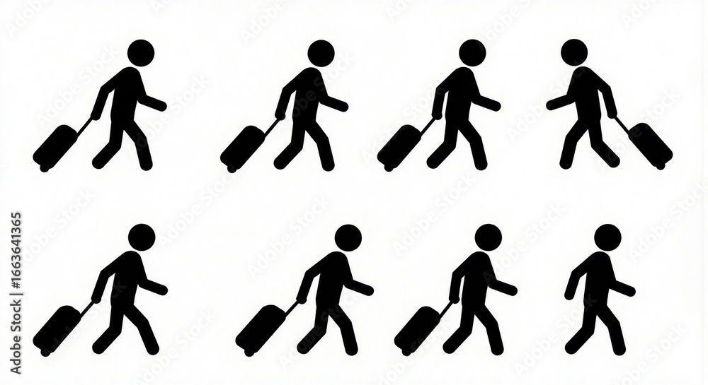Naklejka premium Diverse Travelers Embark on Journeys A Collection of Silhouetted Figures with Luggage Depicting Movement, Exploration, and the Essence of Travel, Whisk_c8c0014d62_bloom_subtle_6x