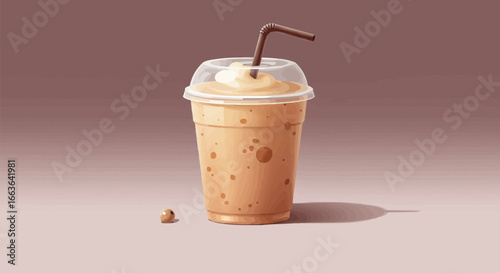 Delicious Creamy Iced Coffee Frappe in Plastic Cup with Straw. Refreshing Summer Cold Blended Beverage Illustration.