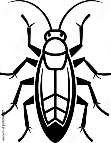 Detailed black and white sketch of a cockroach with intricate body structure