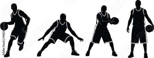 Silhouette Vector of Basketball Players in Action Poses – Dribbling, Defending, Passing, and Holding Ball – Isolated on White