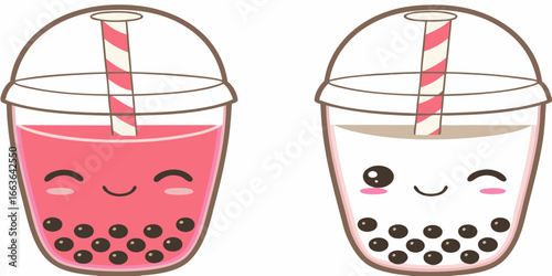 Two kawaii bubble tea drinks with different colored drinks