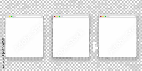 Three blank digital browser windows on a transparent background