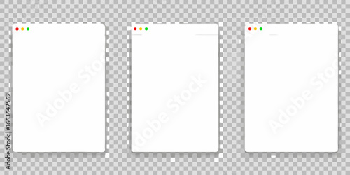 Three empty digital browser windows with colored controls on transparent background