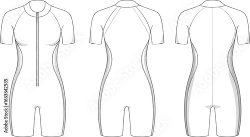 CAD drawing flat vector illustration of triathlon suit, short sleeve design, zipper closure, front and back views, technical athletic garment layout, sportswear fashion illustration of triathlon suit,