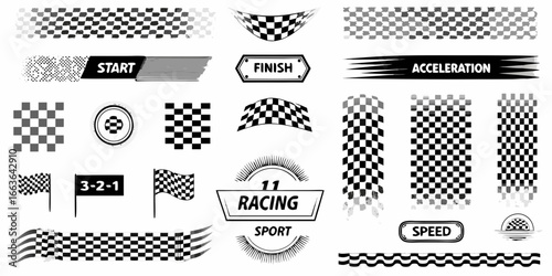 Racing checkered flags and banners with start finish and speed text