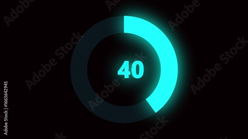 Numerical counting from 0 to 40. Circular progress bar with bright neon blue light. Countdown timer from 0 to 40 seconds real time. Modern flat design of countdown animation on black background.