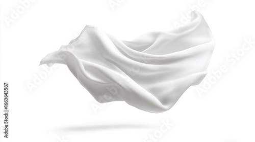 A white handkerchief floating in the air, isolated on a pure white background,