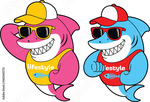Cool cartoon shark duo, lifestyle mascot illustration, summer character vector, pink and blue sharks, sunglasses and cap clipart, fun ocean design