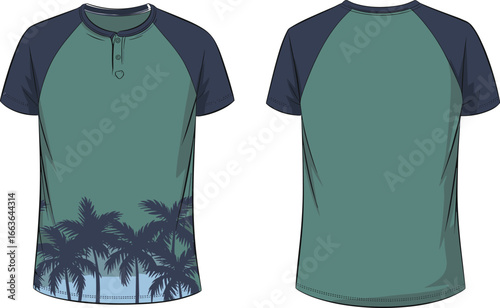 CAD drawing flat vector illustration of tropical t-shirt, green body, navy sleeves, palm print, summer fashion layout, beachwear design
