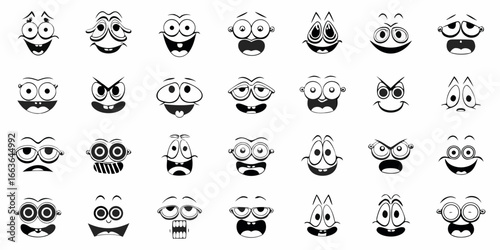 Collection of animated cartoon facial expressions in black and white