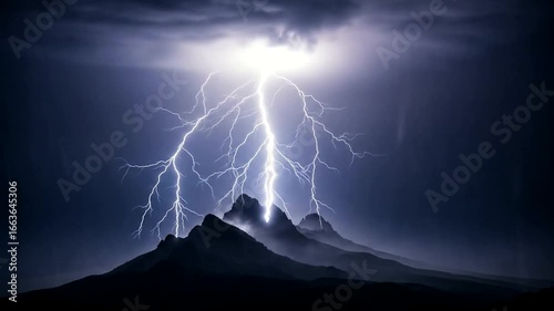 Powerful lightning illuminates a dramatic mountain range under a stormy sky.
