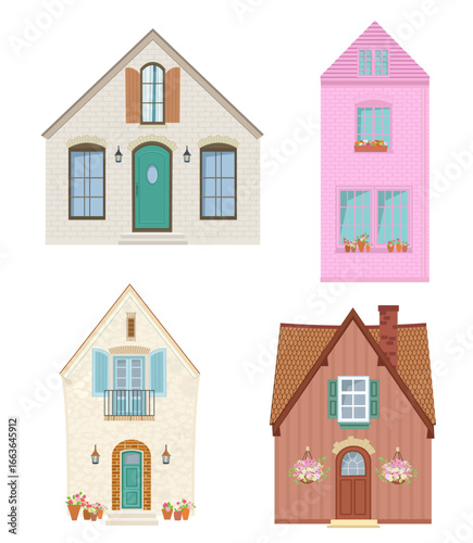 collection of cute houses with shutters windows. set of pretty cozy buildings decorated flowerpots