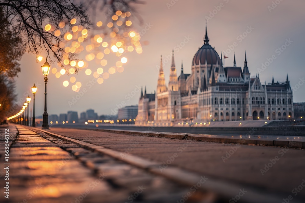 Fototapeta premium Majestic hungarian parliament building illuminated at dusk with bokeh lights