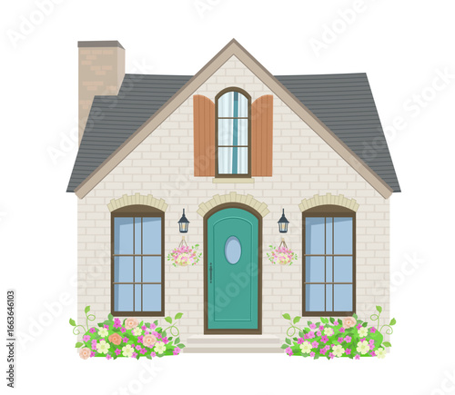 cute brick house with shutters windows, chimney. pretty cozy two story building with lanterns decorated flowers