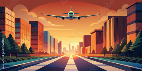 Traffic and planes silhouette the urban skyline at sunset, transforming the cityscape into a night travel illustration