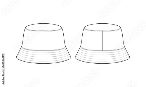 hat flat sketch vector, outline drawing, round bucket technical drawing, front and back view, white background 
