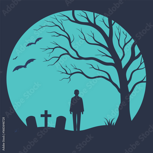 Dark silhouette shows a figure by tombstones and bats under a bright moon