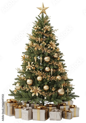 Elegant christmas tree decorated with gold ornaments and presents, png, transparent, isolated