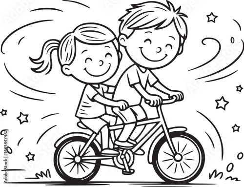 Pedal Power Pals: A playful illustration shows two joyous children, boy and girl, sharing a bicycle and a cheerful ride, creating a lighthearted depiction of fun. 