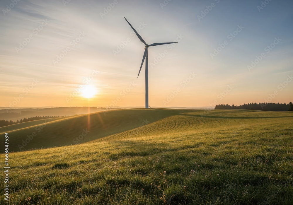 Obraz premium Renewable wind energy turbines spin in a vibrant green field under a clear blue sky