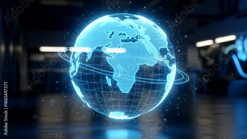 Holographic representation of the Earth in a modern, futuristic setting.