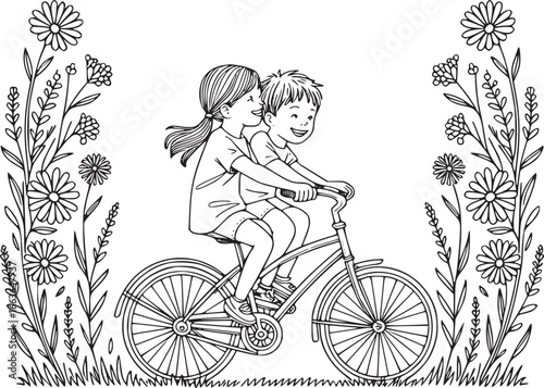 Joyful Tandem Ride: A playful duo, embarking on a shared bicycle adventure, framed by the enchanting blooms of wildflowers, capturing a feeling of childhood bliss.
