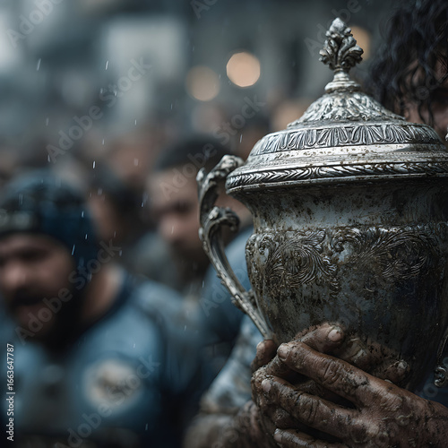 Rugby Players Celebrating with Trophy in Rain-Soaked Atmosphere After Intense Match