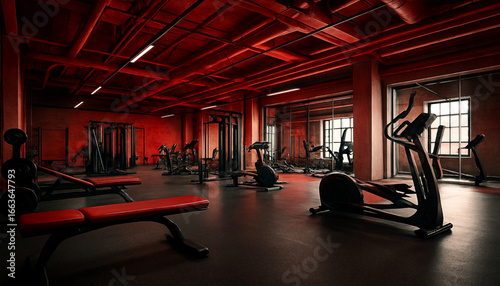 Industrial style gym with red accents black walls exposed beams concrete surfaces and modern workout equipment for fitness and training design concepts