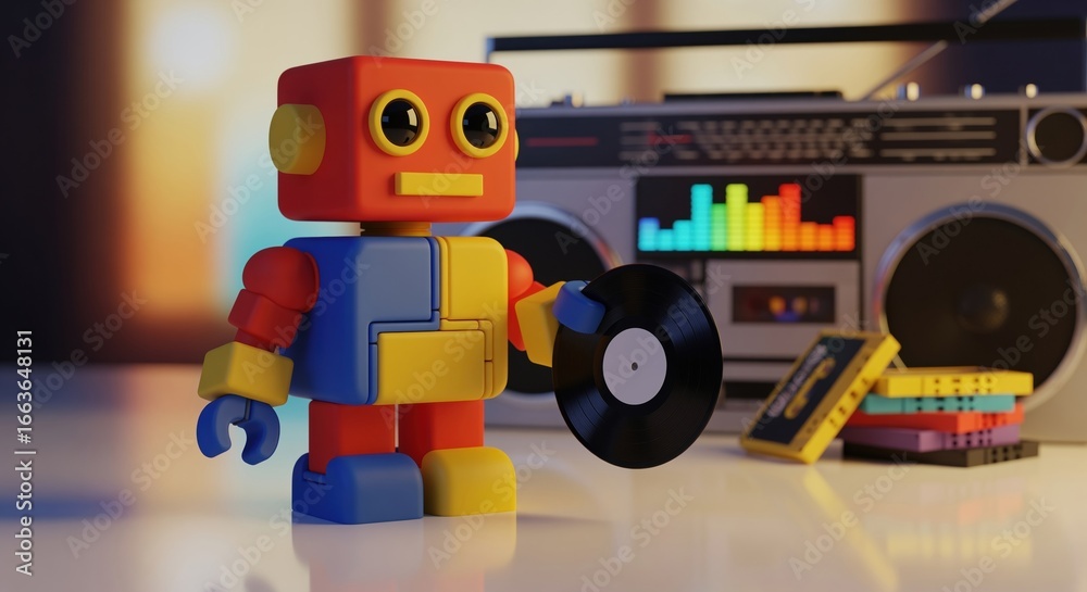 Obraz premium Whimsical block robot toy holding vinyl record with retro boombox and cassettes