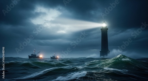 Dramatic lighthouse beam illuminates two fishing boats navigating a turbulent stormy sea at night