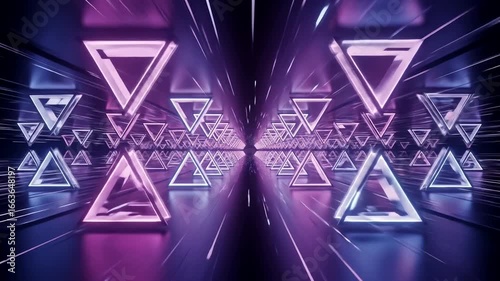 A vibrant, futuristic tunnel lined with glowing triangle shapes, showcasing a captivating array of purple and blue neon lights.