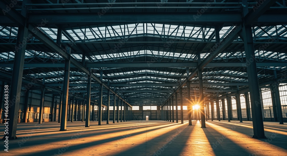 Obraz premium Vast empty industrial building with steel frame structure at sunset creating long shadows