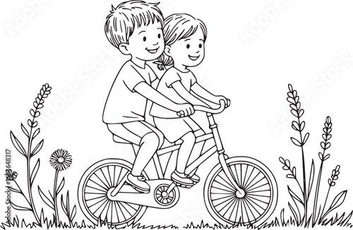 Joyful Bike Ride: A whimsical black and white illustration captures the innocence and bond between two children as they share a bicycle ride, embracing a simple moment of friendship and outdoor fun.