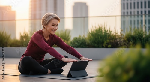 Free Download Senior woman practicing yoga stretch on urban rooftop garden with digital tablet at sunset - GFXLoad