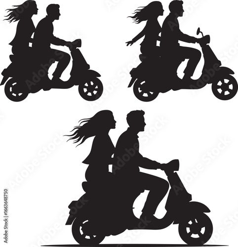 Couple riding scooter together silhouette romantic travel adventure