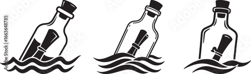 Three messages in bottles floating on wavy water in a simple silhouette style