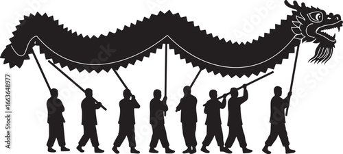 People carrying a traditional chinese dragon in a festival parade silhouette