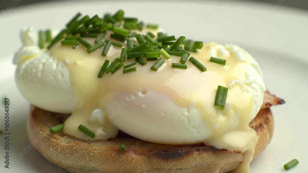 Close up of eggs benedict on a plate with hollandaise sauce Close up of eggs benedict on a plate with hollandaise sauce