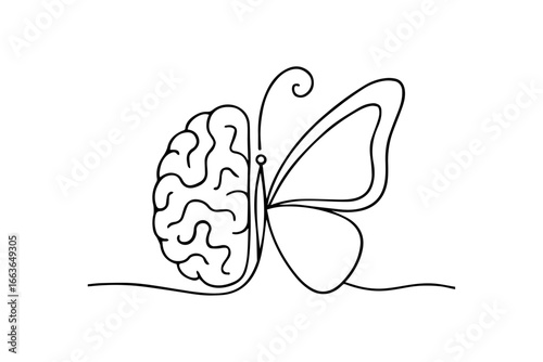 butterfly vector illustration,
One Line Brain Butterfly – Simple Linear Drawing on White Background