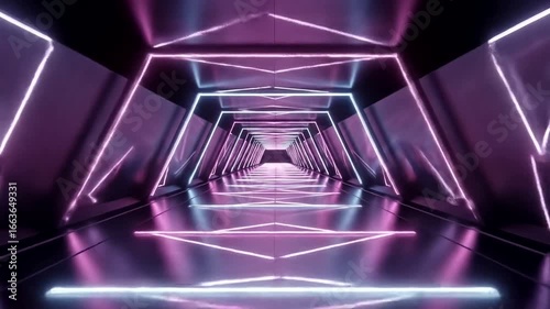 A vibrant, futuristic tunnel with vibrant neon lights and geometric shapes creates an otherworldly atmosphere.