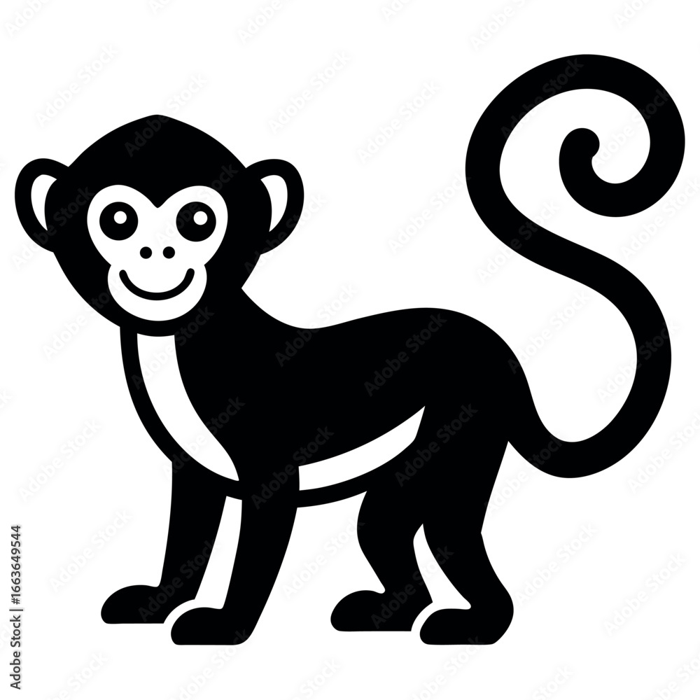 Fototapeta premium Cute Monkey Illustration with a Curly Tail and Smiling Face Standing on All Fours in Black and White Minimalist Style