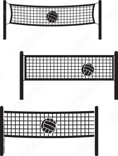 Three distinct volleyball nets with balls in a simple black silhouette style