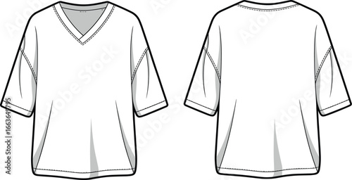 CAD drawing flat vector illustration of V-neck t-shirt, front and back views, stitching detail, white fabric layout, fashion design sketch, garment template, clothing mockup