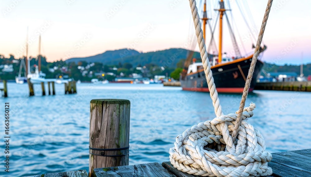 Obraz premium A close-up view of a coiled mooring rope tied to a wooden dock post, with a sailing ship in the background of a tranquil harbor scene.