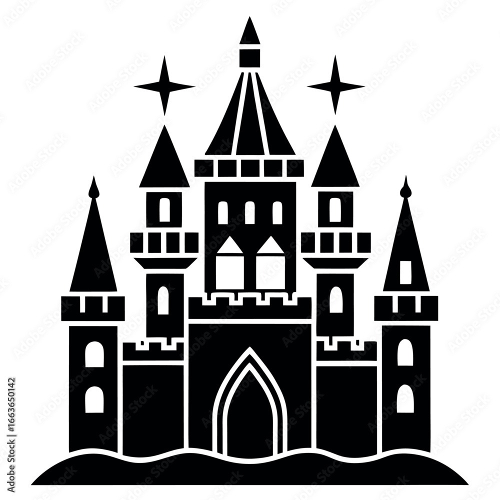 Obraz premium Majestic Castle Silhouette with Towers and Stars Fantasy Architecture Icon Fairytale Kingdom Landmark Symbol Black and White Illustration
