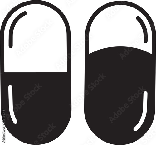 Two simple black and white capsule pills side by side silhouette