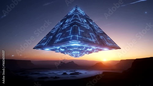 A massive, pyramid-shaped spacecraft hovers over a desolate, sun-drenched landscape at dawn.