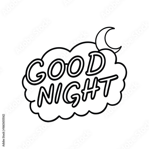 Black outline good night text inside cloud with crescent moon lettering typography